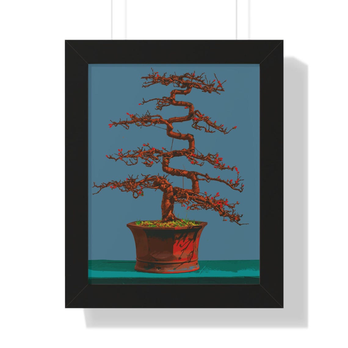 Elegant Red Blossom Bonsai Tree on Teal Background Framed Poster - Image 3