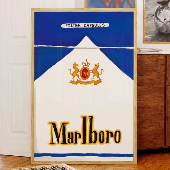 Blue Vintage Matchbox Print 70s Retro Poster Trendy Matches Marlboro Matchbook Wall Art Newspaper Bar Cart
