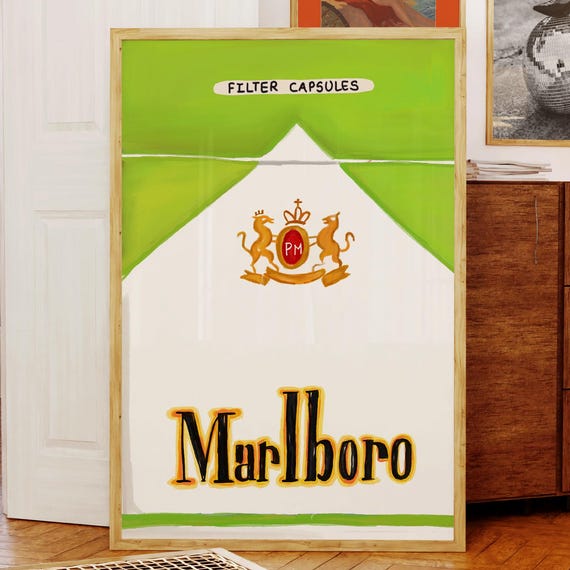 Green Vintage Matchbox Print Poster 70s Trendy Matches Retro Marlboro Matchbook Wall Art Apartment Bar Cart