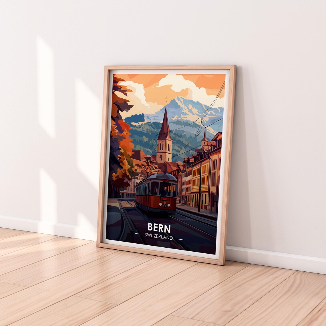 Bern Switzerland Red Tram Autumn Snowy Mountains Travel Poster - Image 2