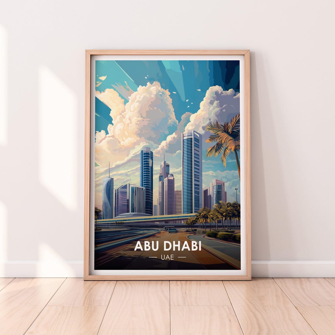Abu Dhabi UAE Sweeping Modern Highway Towers City Travel Poster
