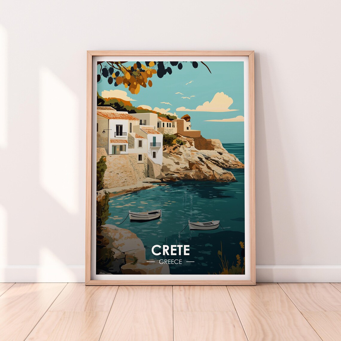 Crete Greece Whitewashed Fishing Village Boats Vintage Travel Poster