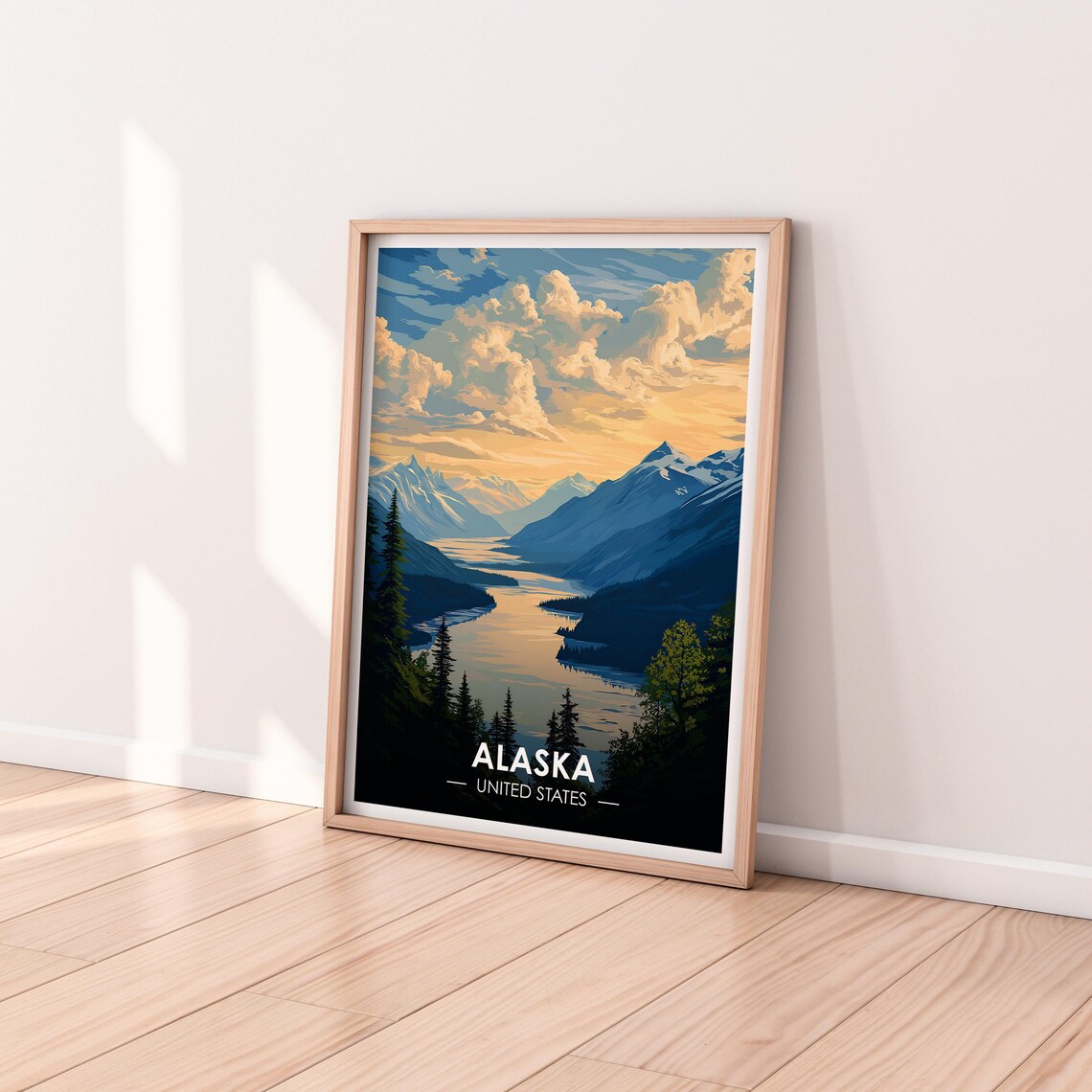 Alaska Golden Fjord Valley Evergreen Forest River Travel Poster - Image 2