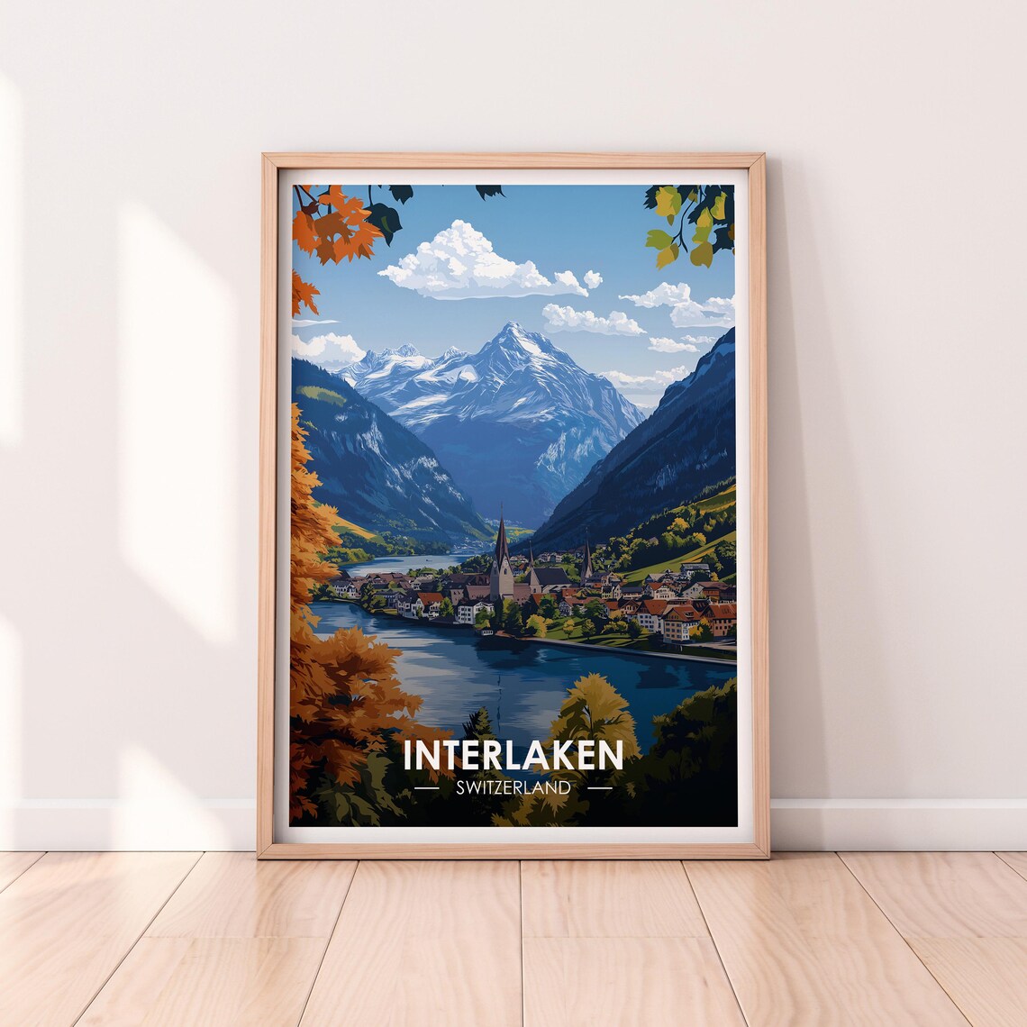 Interlaken Switzerland Town By Lake Snowy Peaks Travel Poster