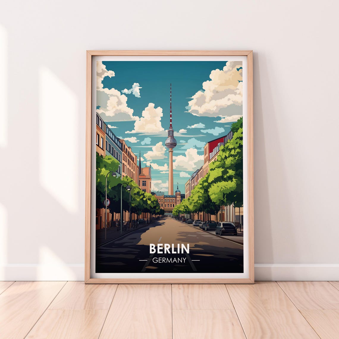 Berlin Germany TV Tower Tree Lined Street Sunny Retro Travel Poster