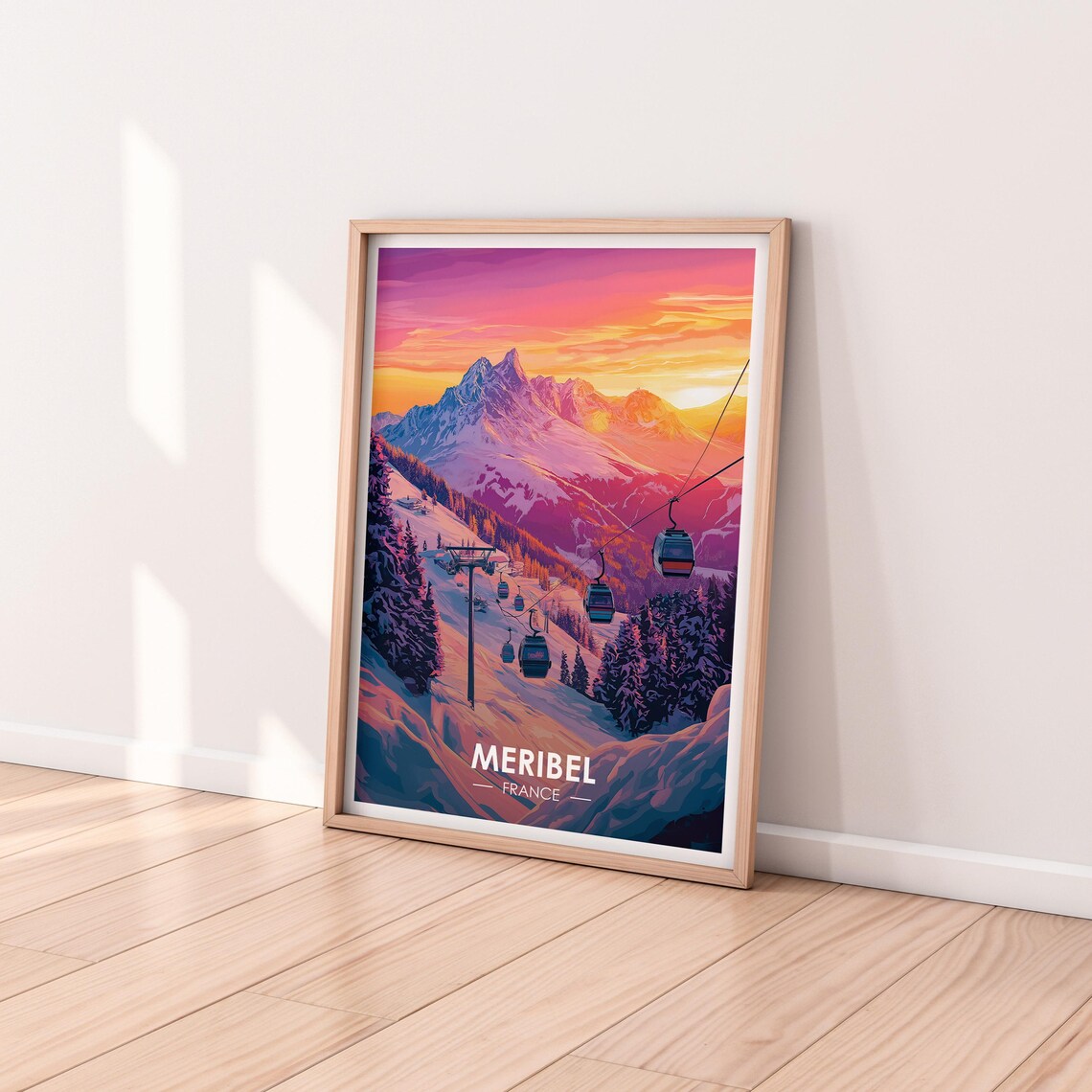 Meribel France Gondola Lift Snowy Slope Sunset Pink Sky Poster - Image 2