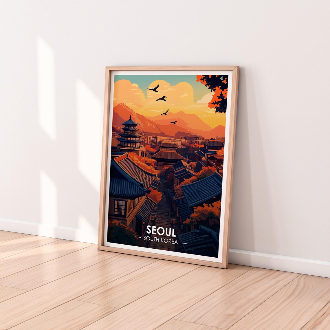 Seoul South Korea Hanok Rooftops Sunset Temple Vintage Travel Poster - Image 2