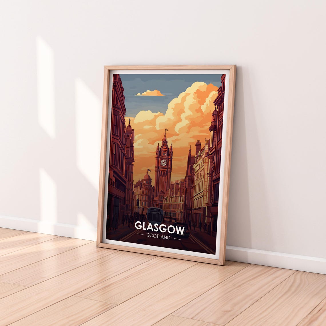Glasgow Scotland Clock Tower Historic Street Sunset Glow Poster - Image 2