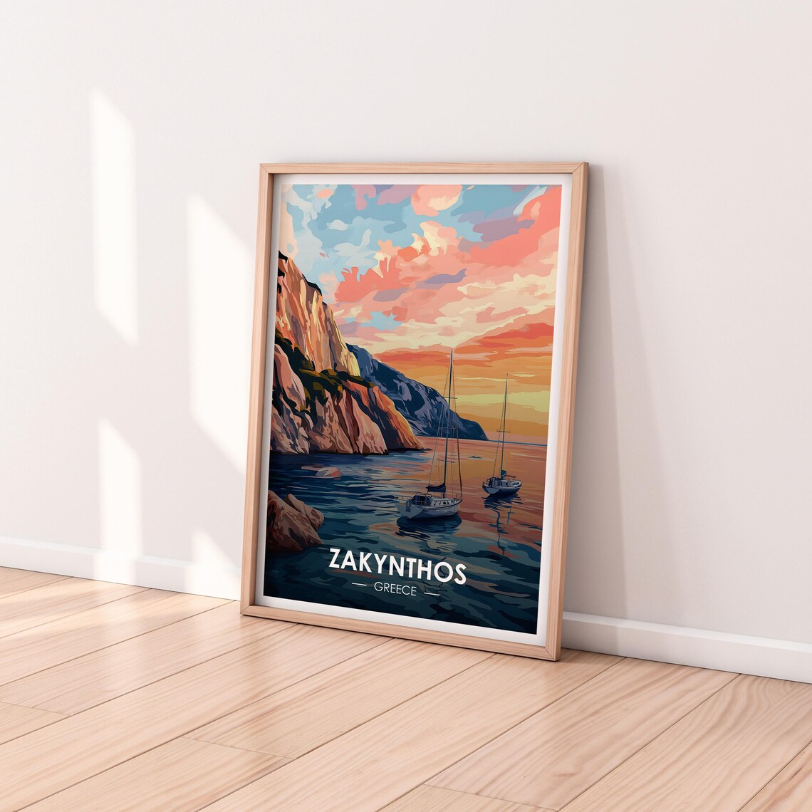Zakynthos Greece Golden Sunset Sailboats Rocky Cliffs Travel Poster - Image 2