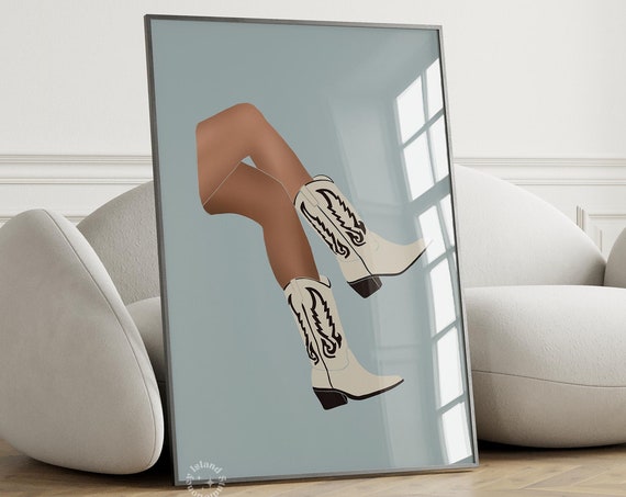 Cowgirl Boots Blue Wall Art Western Print Legs Trendy Southern Decor Poster Unframed