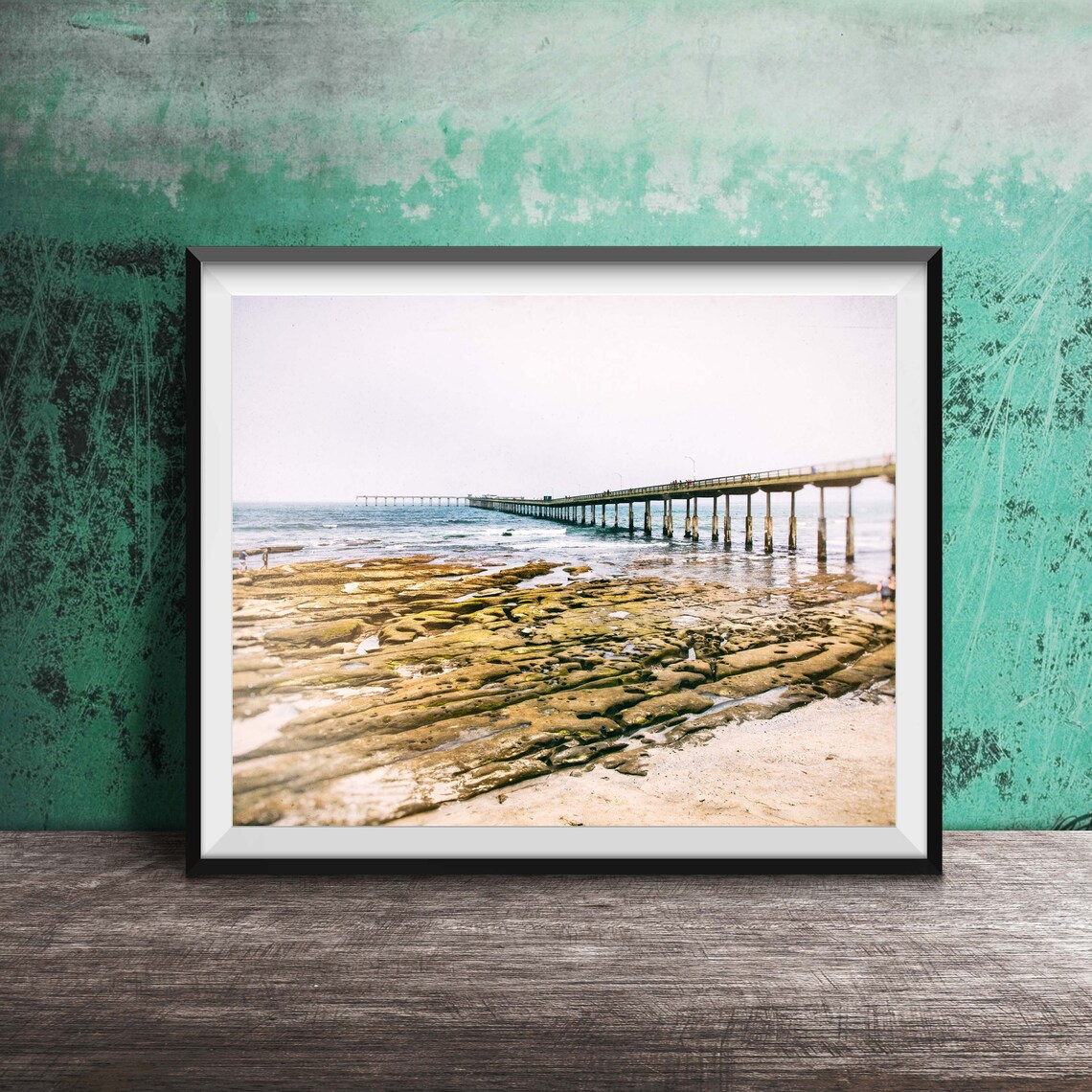 Ocean Pier Rocky Tide Pools Golden Beach Coastal Photography Poster