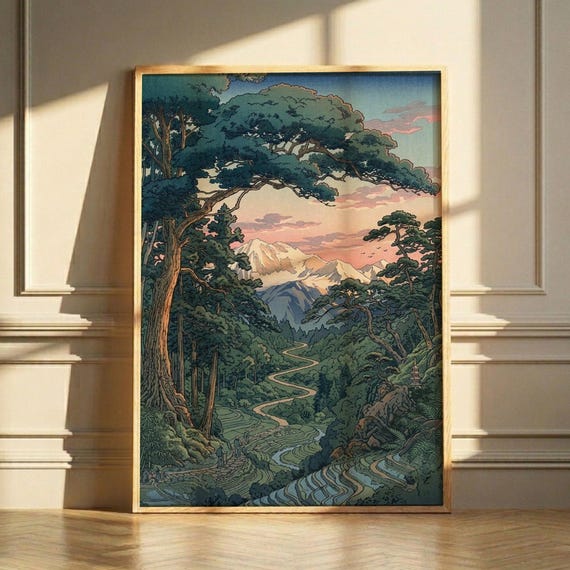 Japanese Woodblock Landscape Print Serene Mountains Forest Path Minimalist Wall Art