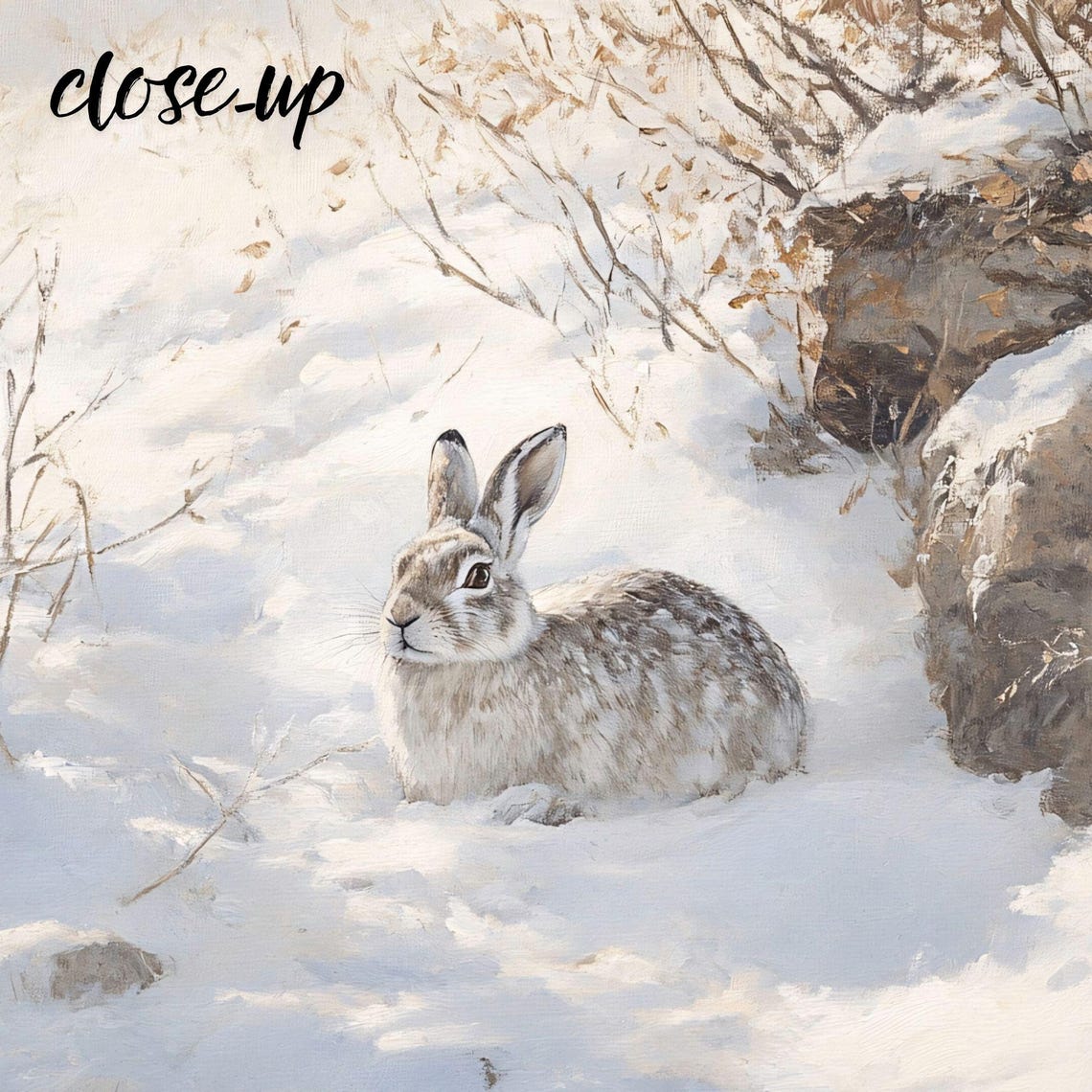 Snow Hare in Rocky Snow Hillside Rustic Winter Wildlife Art Poster - Image 4