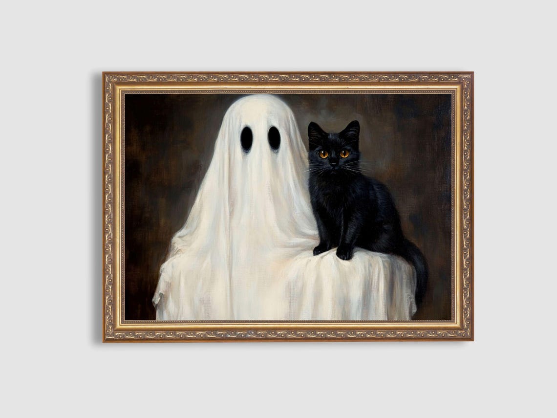 Ghost and Black Cat Vintage Dark Portrait Gothic Halloween Art Poster - Image 2