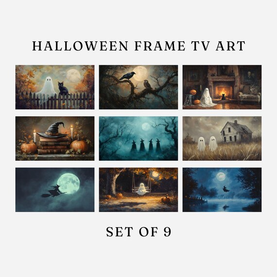 Nine Spooky Halloween Paintings Ghosts Witches Set Bundle Poster