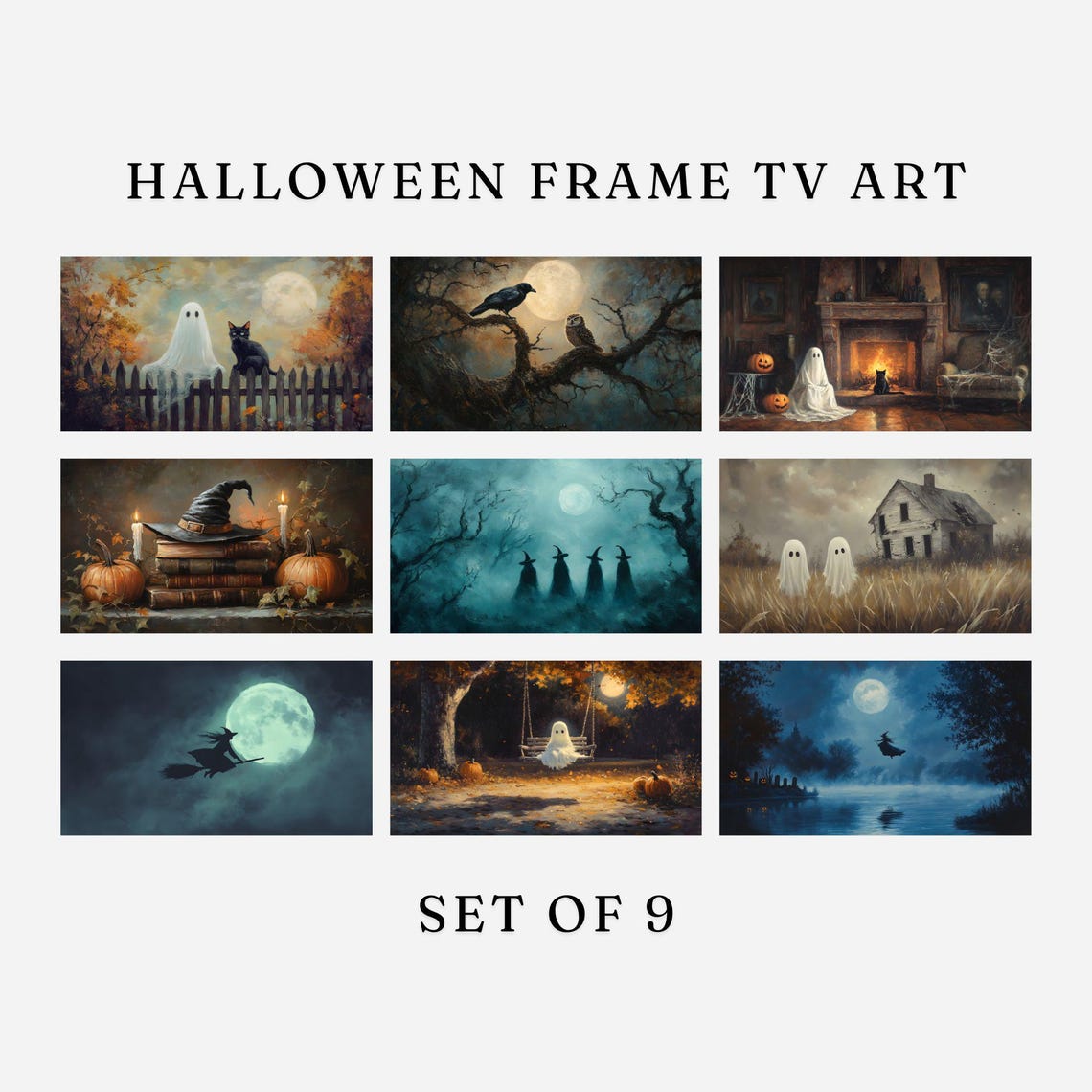 Nine Spooky Halloween Paintings Ghosts Witches Set Bundle Poster