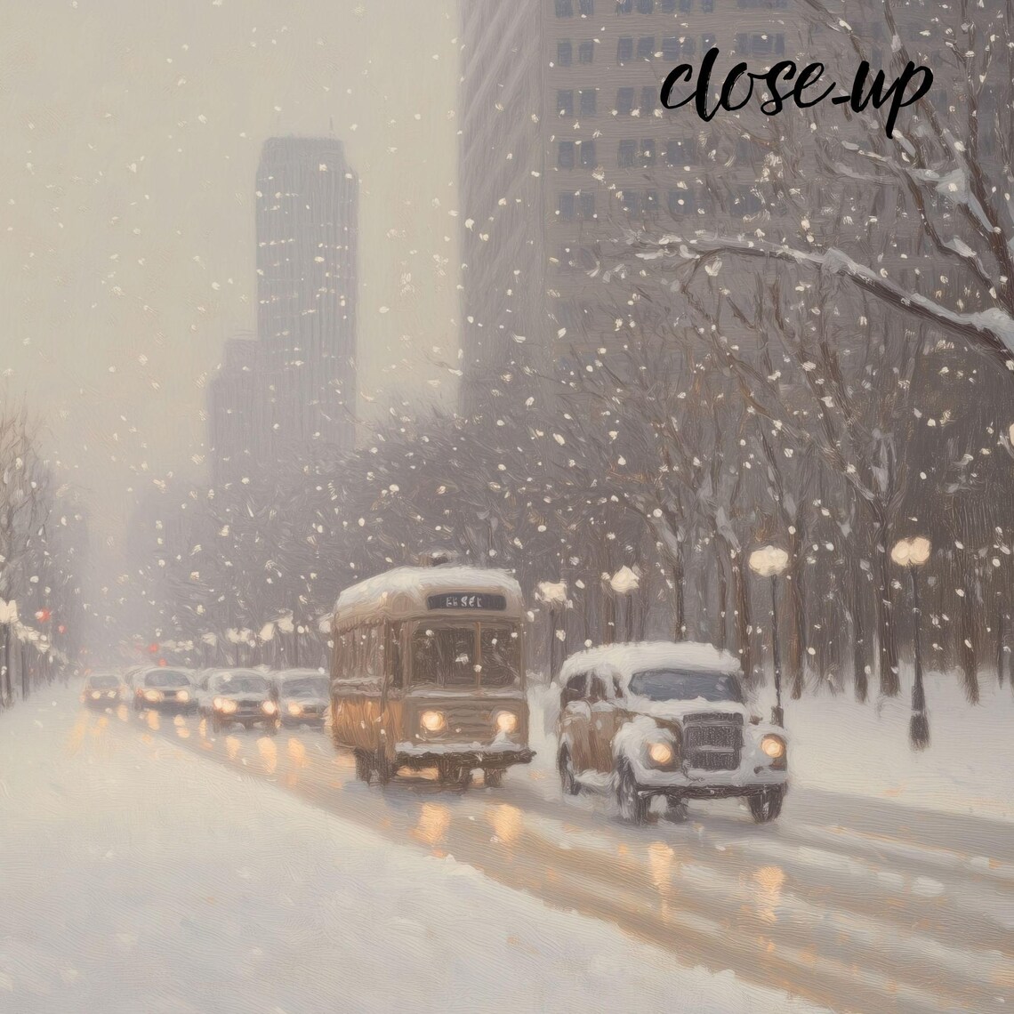 Vintage Snowy City Avenue Bus Traffic Winter Urban Scene Poster - Image 4