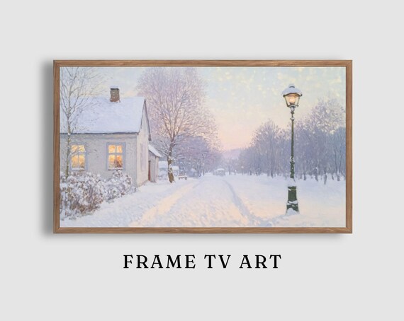 Snowy Cottage Lane with Glowing Windows and a Vintage Lamppost at Dusk Poster