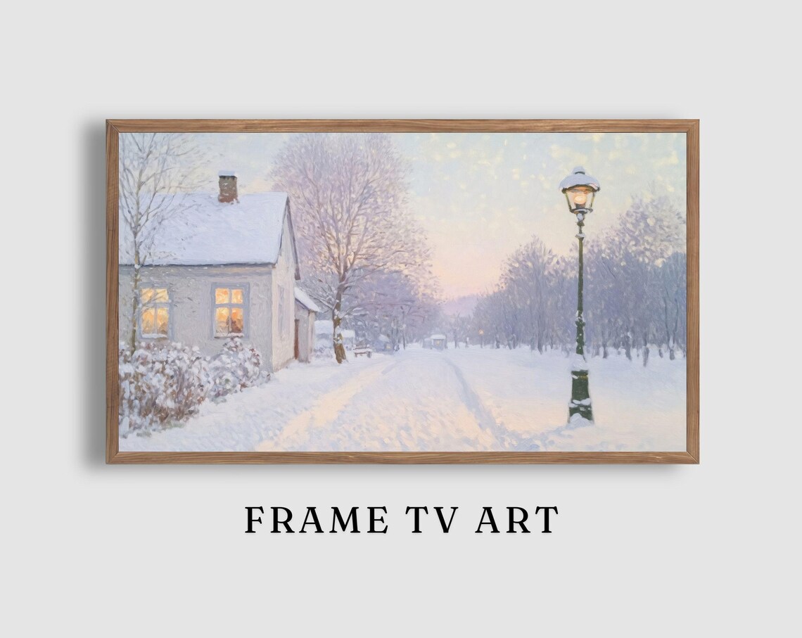 Snowy Cottage Lane with Glowing Windows and a Vintage Lamppost at Dusk Poster