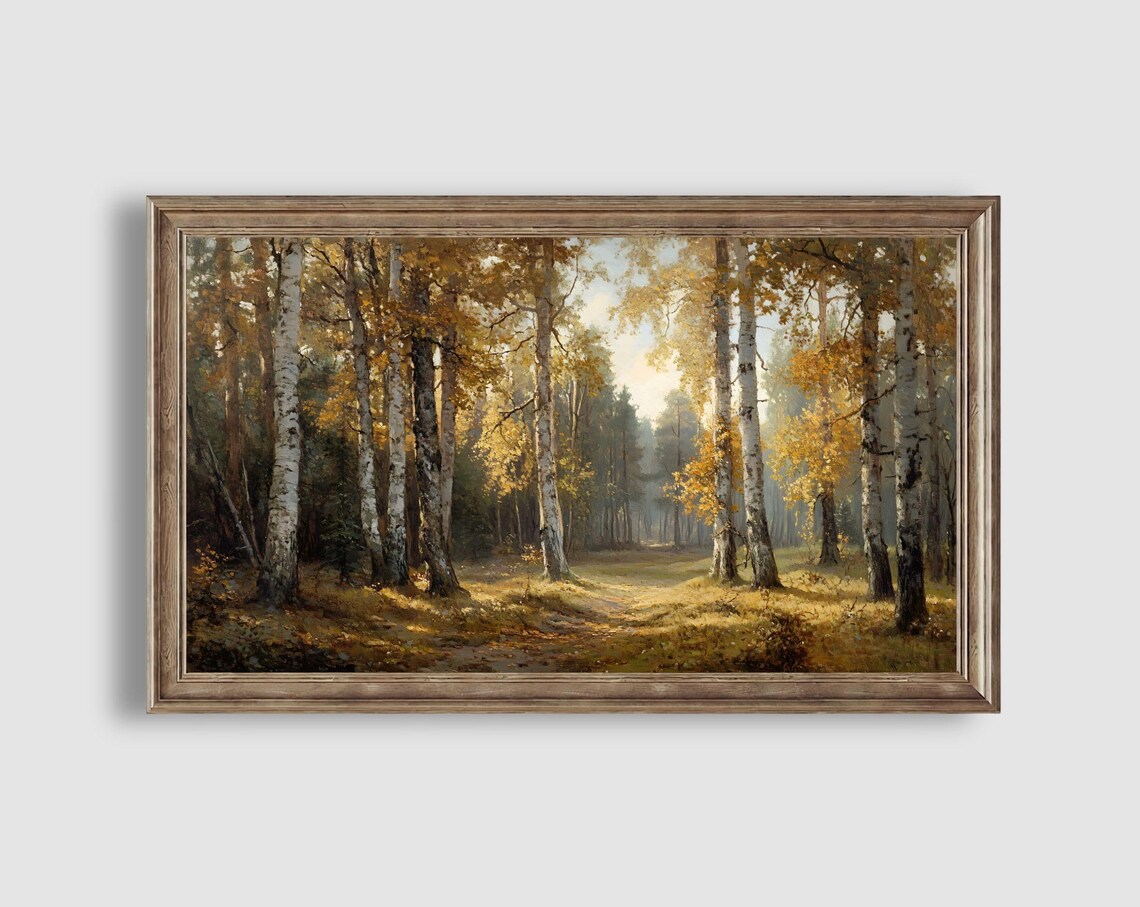 Golden Birch Forest Path Bathed in Warm Autumn Sunlight Landscape Poster - Image 2