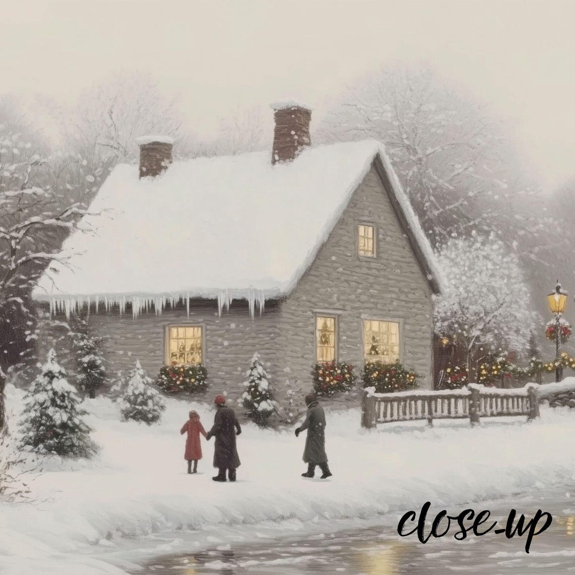 Snowy Cottage Christmas Scene Skaters Bridge Holiday Village Poster - Image 4