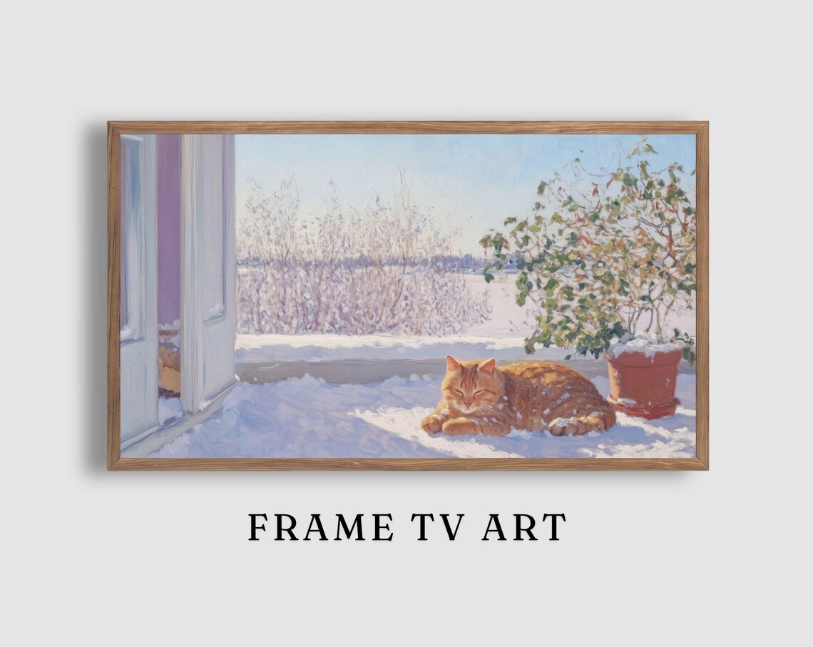 Orange Tabby Cat Sleeping on a Snowy Sunlit Porch by the Open Door Poster