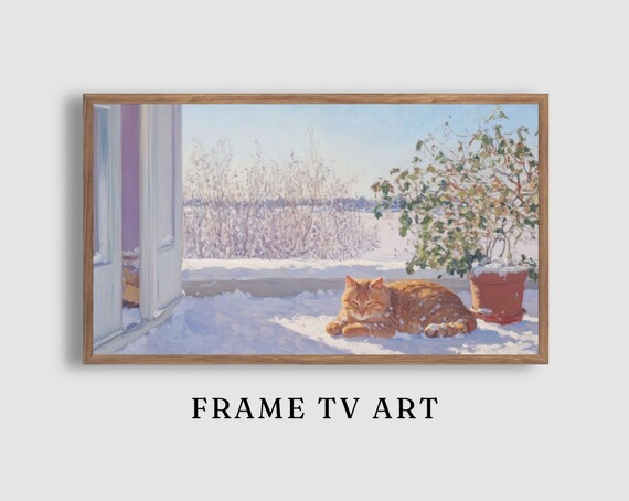 Orange Tabby Cat Sleeping on a Snowy Sunlit Porch by the Open Door Poster