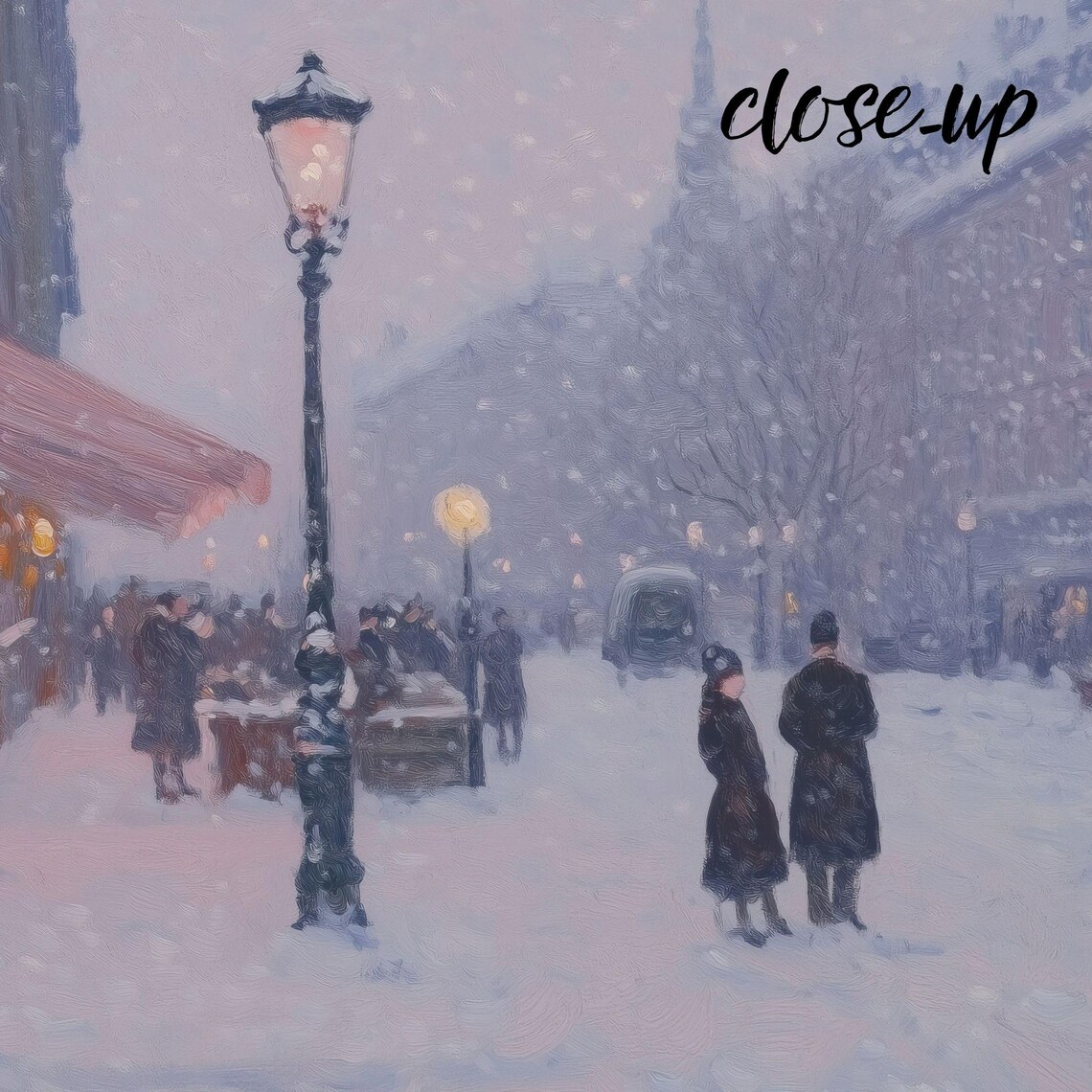 Snowy Evening Street with Glowing Cafe Windows and Strolling Figures Poster - Image 4