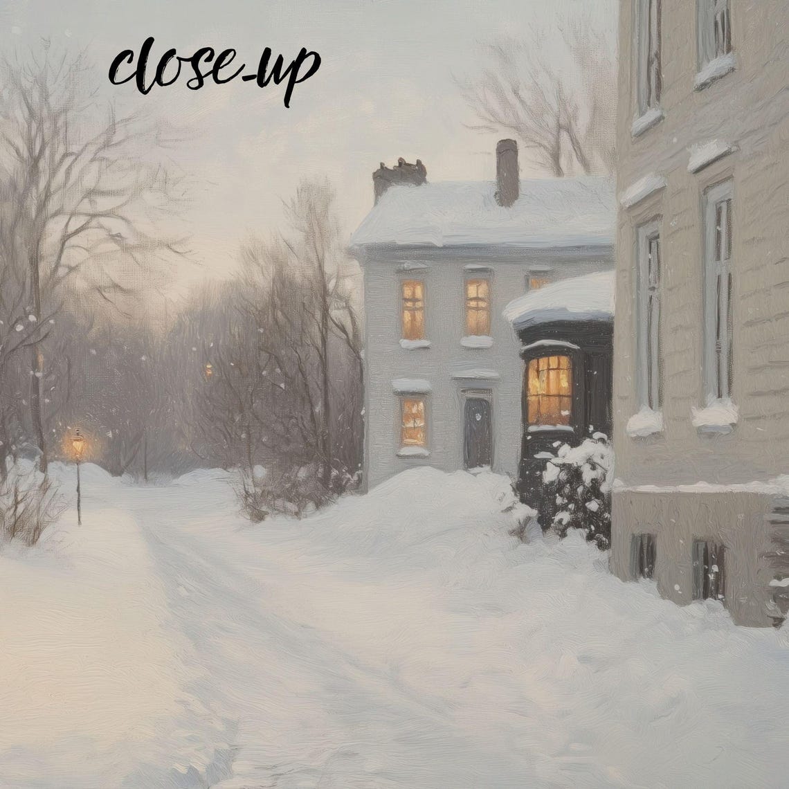 Snowy Path Lit Windows Glowing Lamppost Winter Dusk Scene Poster - Image 4