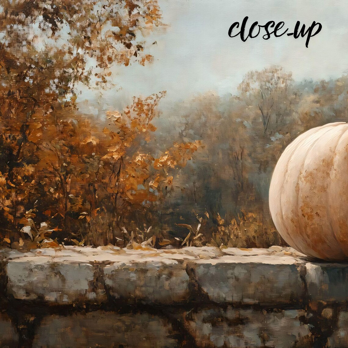 White Pumpkin on Rustic Stone Wall Autumn Forest Backdrop Still Life Art Poster - Image 3