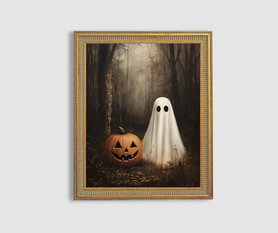 Ghost and Jack O Lantern Moody Dark Forest Gothic Halloween Art Poster