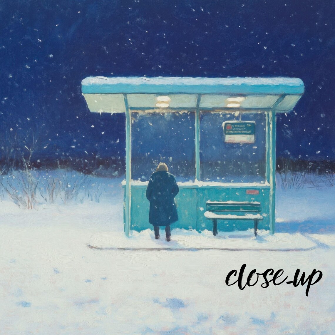 Lonely Snowy Night Bus Stop with a Glowing Lamp Under a Starry Sky Poster - Image 4