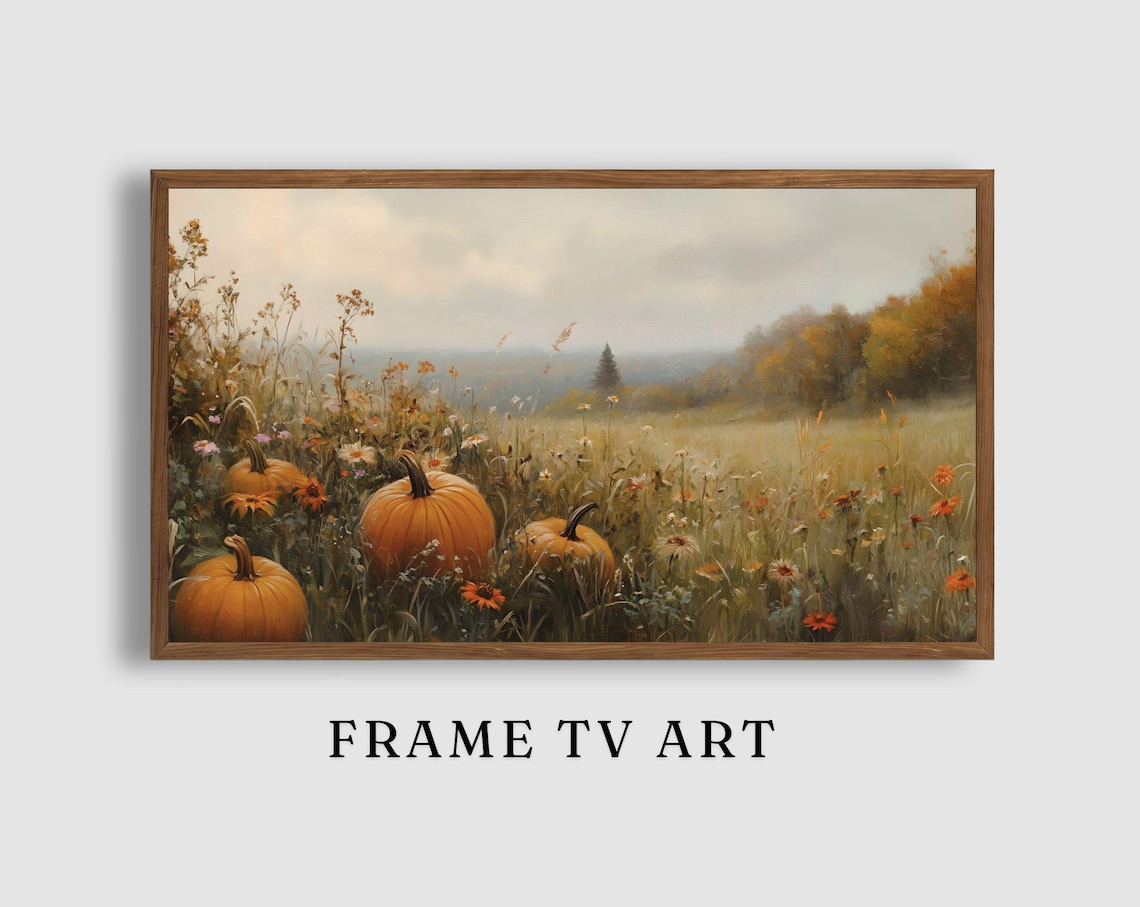 Autumn Pumpkins and Wildflowers Resting in a Misty Golden Meadow Painting Poster