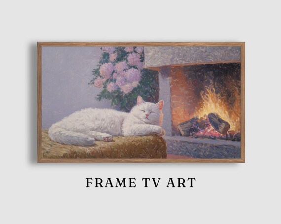 White Cat Sleeping by a Glowing Fireplace with Pink Roses Painting Poster