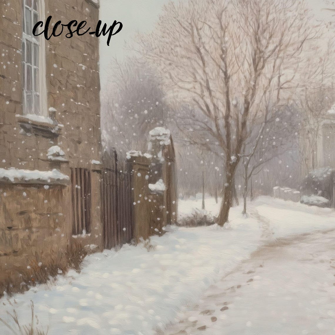 Snowy Stone Street Lamppost Footprints Old Town Winter Scene Poster - Image 3