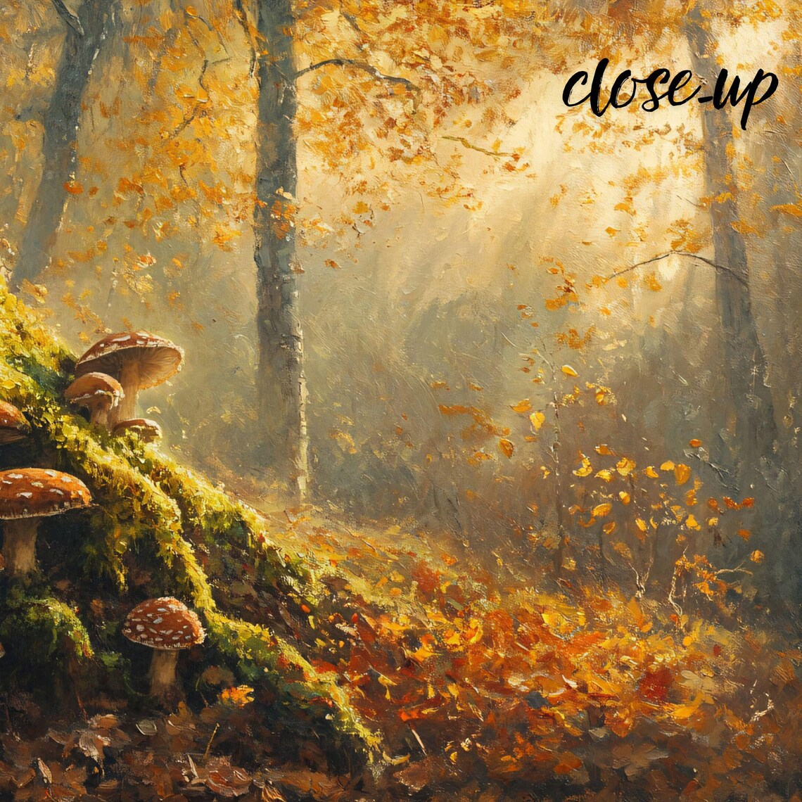 Red Capped Mushrooms at Mossy Tree Base Sunlit Autumn Woodland Art Poster - Image 3