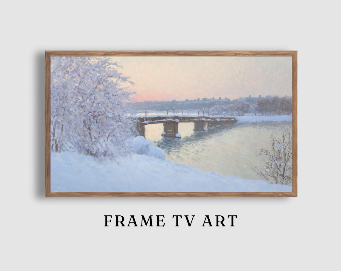 Snowy River Bridge at Pink Dawn with Frosted Trees Winter Painting Poster