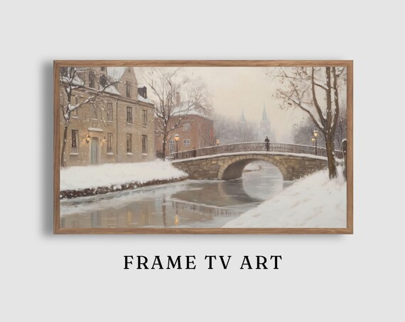 Snowy Stone Bridge Canal Old Town Winter Village Scene Poster