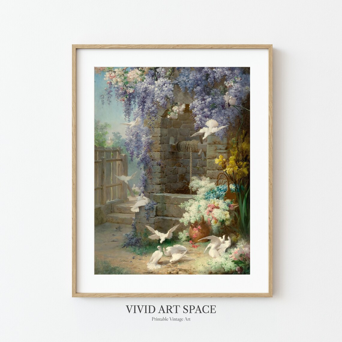 White Doves in a Spring Garden Among Blossoms Vintage Art Print - Image 2