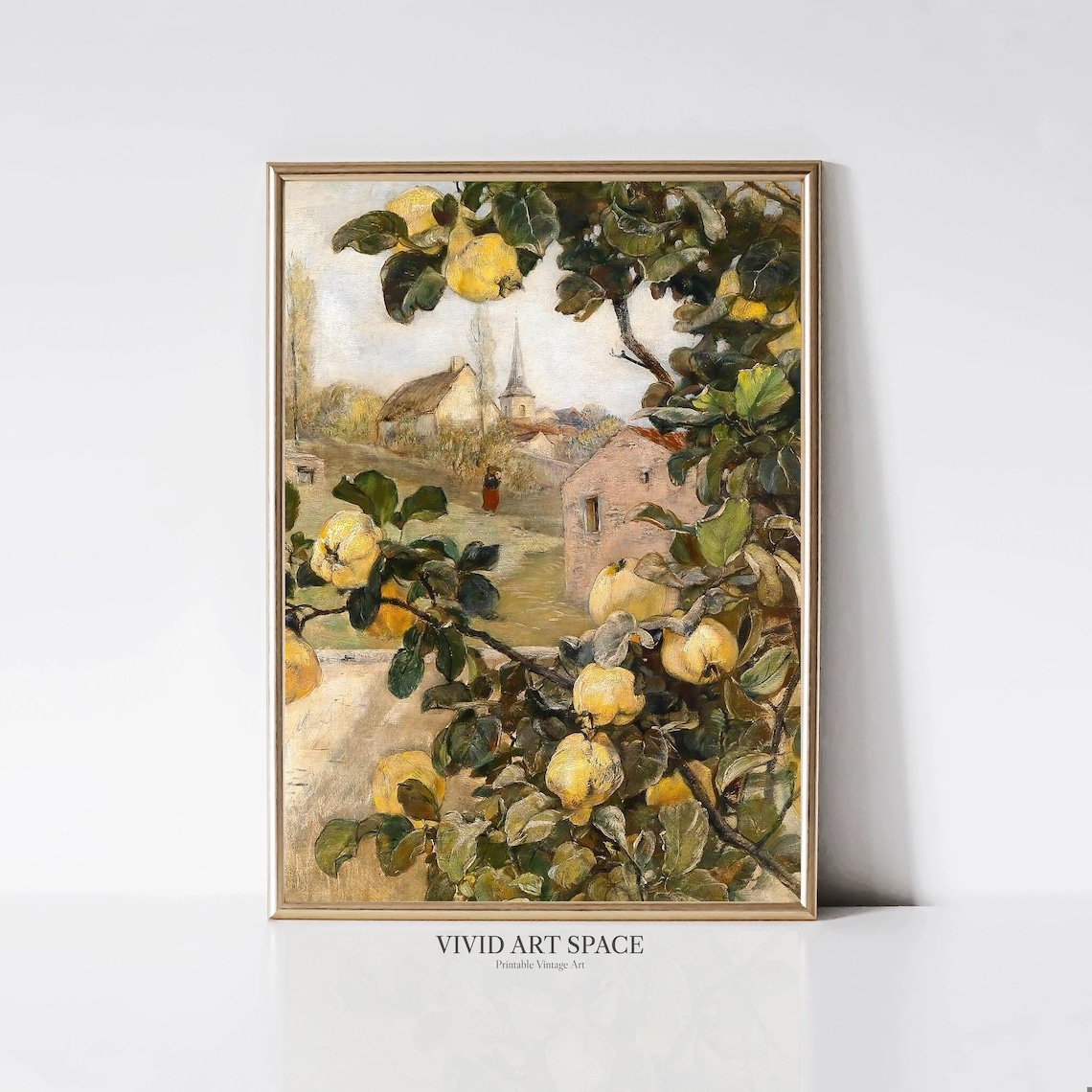 Quince Branch Over Village Garden Vintage Botanical Art Poster