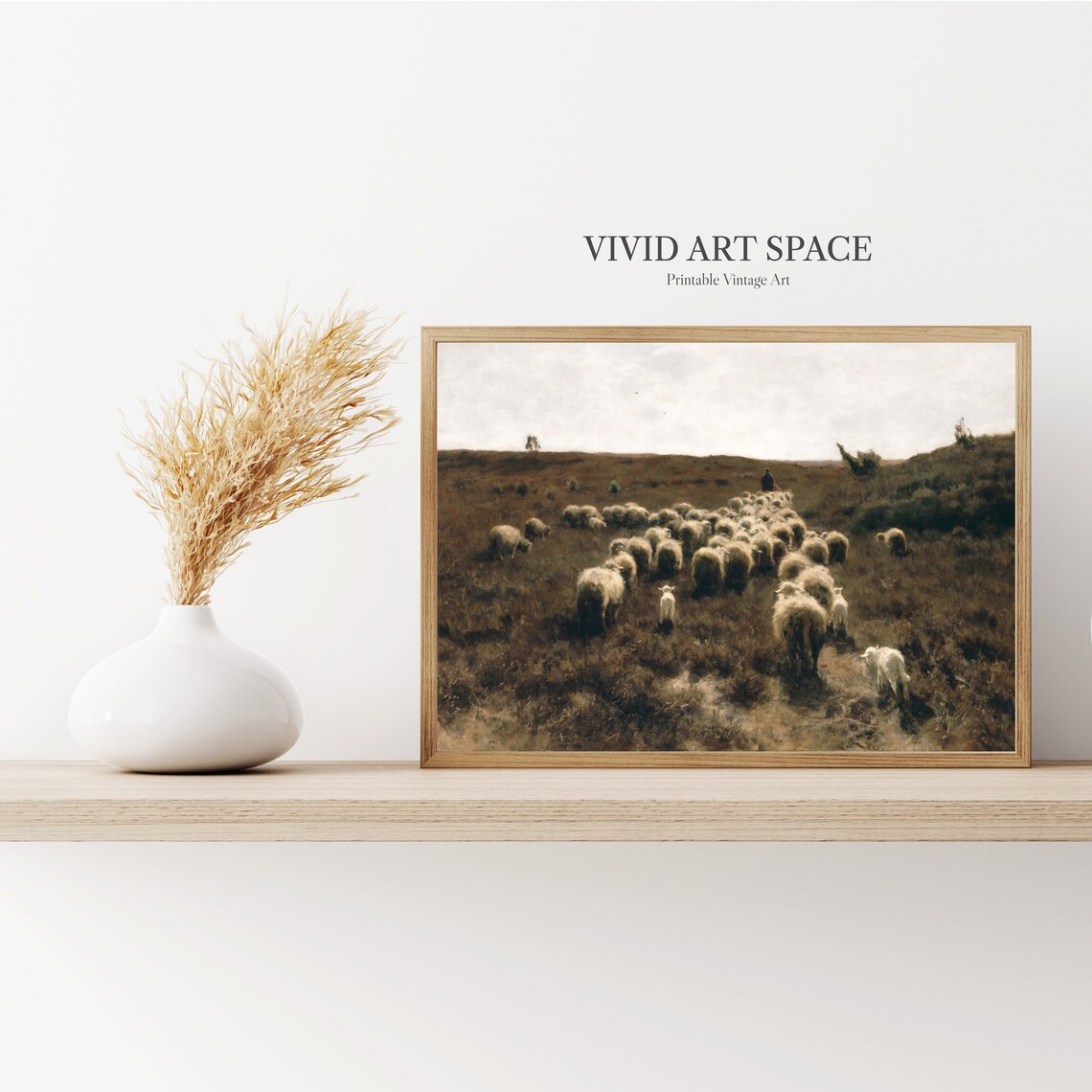 Vintage Sheep Flock Crossing Moody Brown Heathland Scene Poster - Image 3