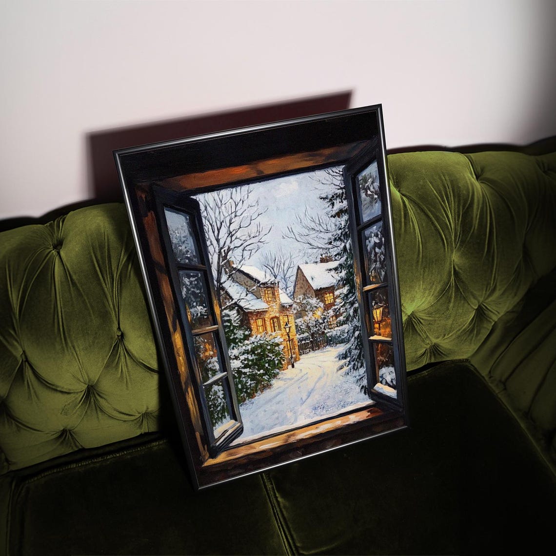 Open Window Snowy Christmas Village Scene Winter Landscape Poster - Image 2