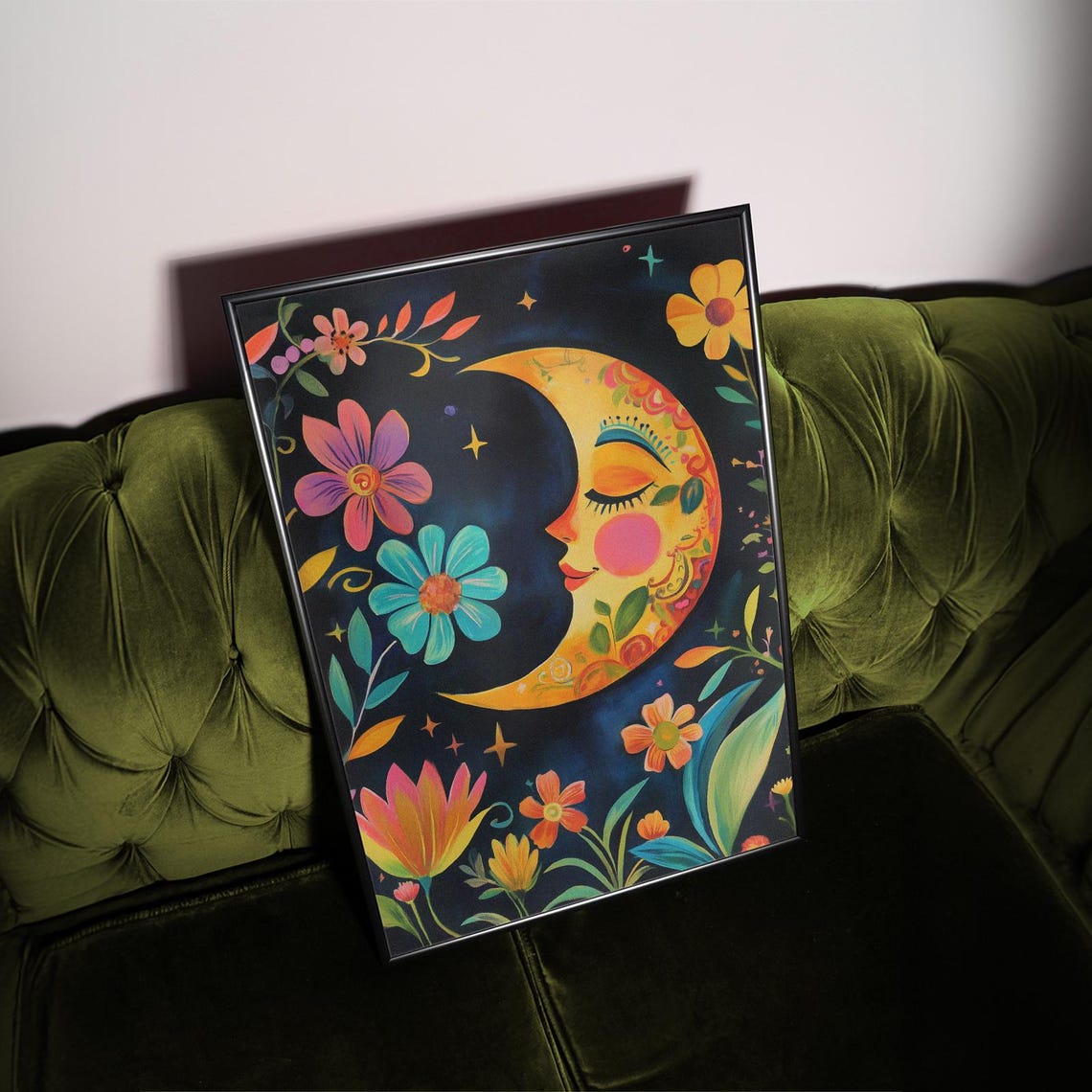 Mexican Moon Folk Art Print, La Luna Sun Flowers - Image 2