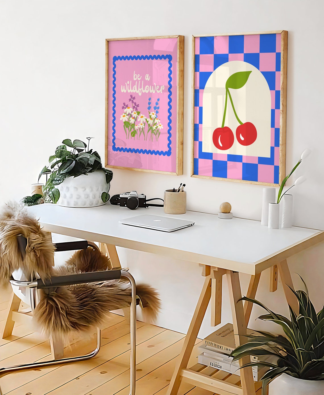 Be A Wildflower Pink Daisy Blue Scalloped Groovy Retro Poster - Image 3