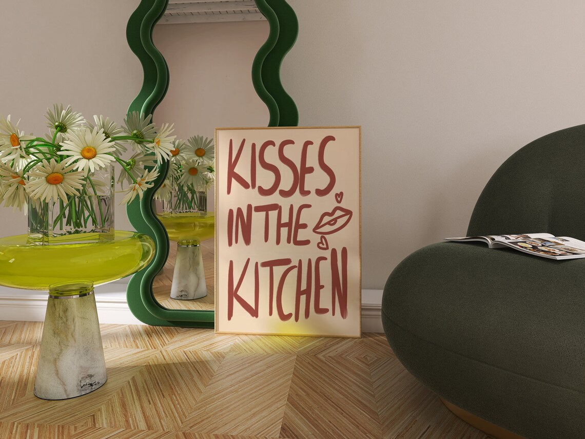 Kisses In The Kitchen Romantic Red Typography Kitchen Poster - Image 2
