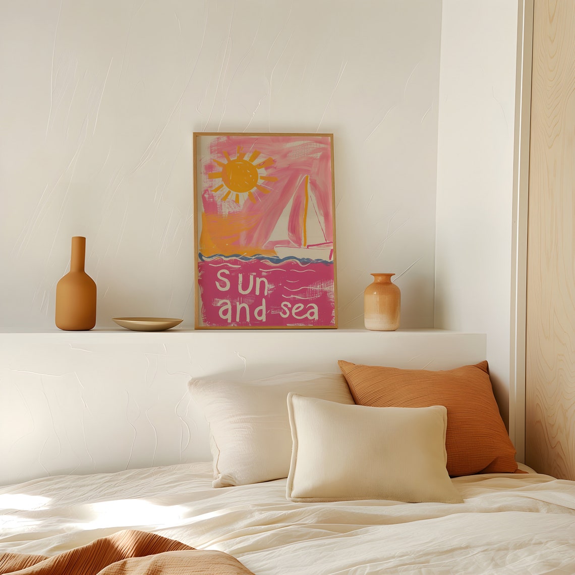 Sun And Sea Pink Sailboat Sunset Abstract Watercolor Coastal Poster - Image 2