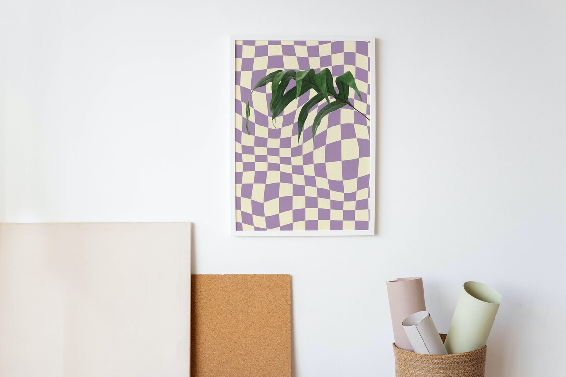 Retro Psychedelic Palm Leaves Checkerboard Art Print - Image 2