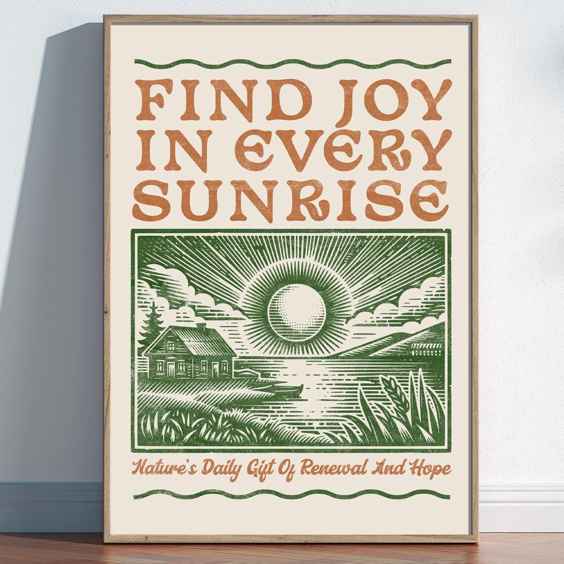 Vintage Sunrise Quote Art Print, Rustic Woodcut Style