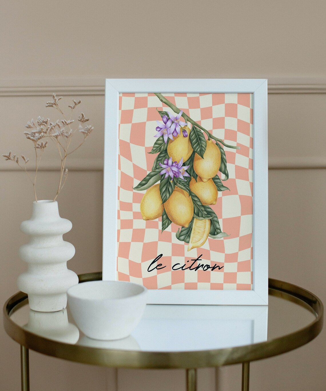 Le Citron Lemon French Botanical Retro Checkerboard Art Poster - Image 2