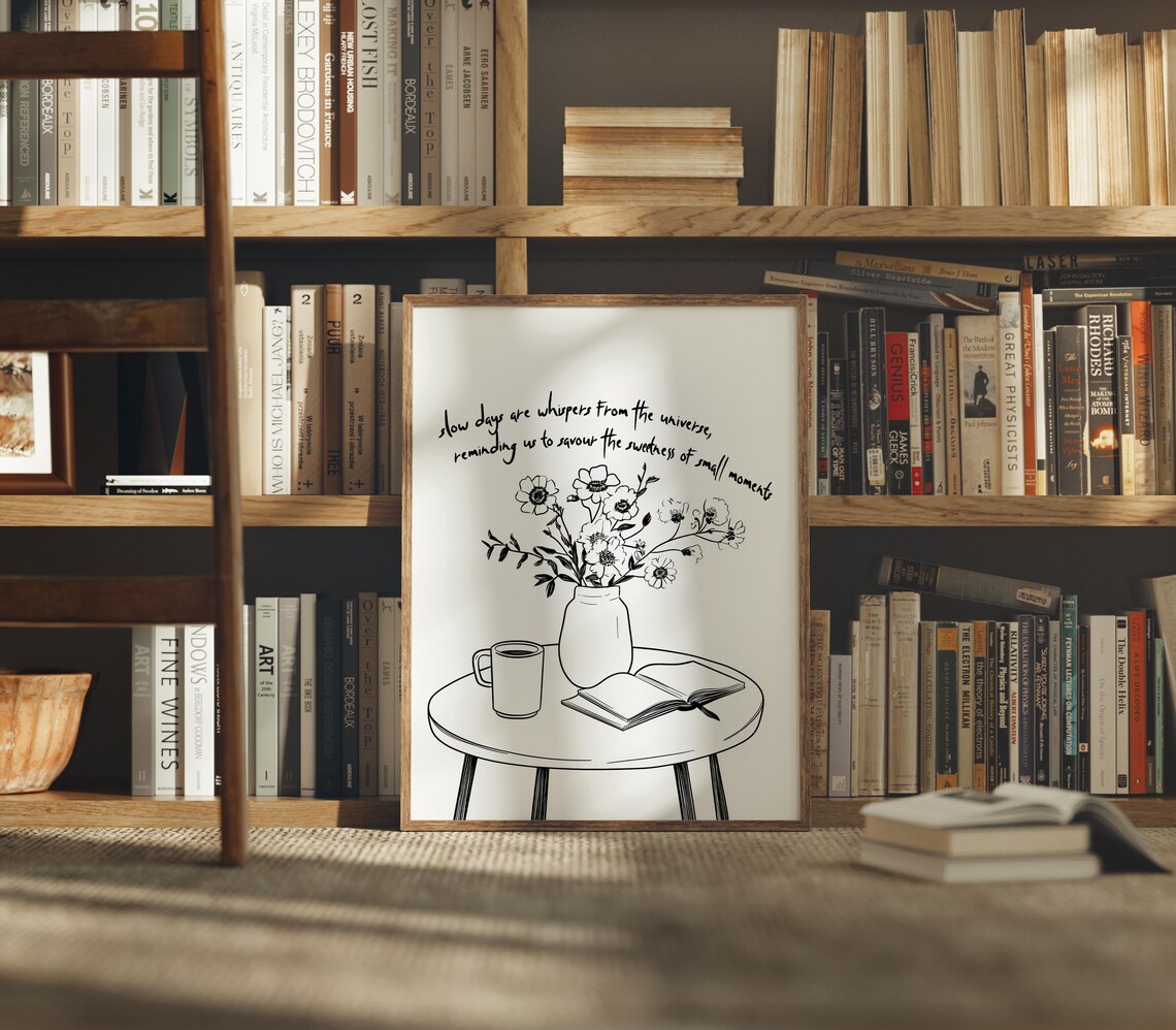 Slow Days Simple Floral Coffee Books Minimalist Poster - Image 2